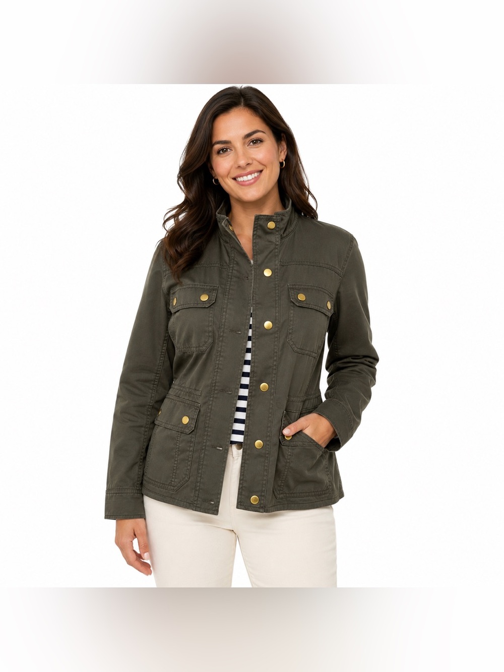J.Crew Olive Green Utility Military Field Jacket Gold Snap Safari Coat SZ - XS